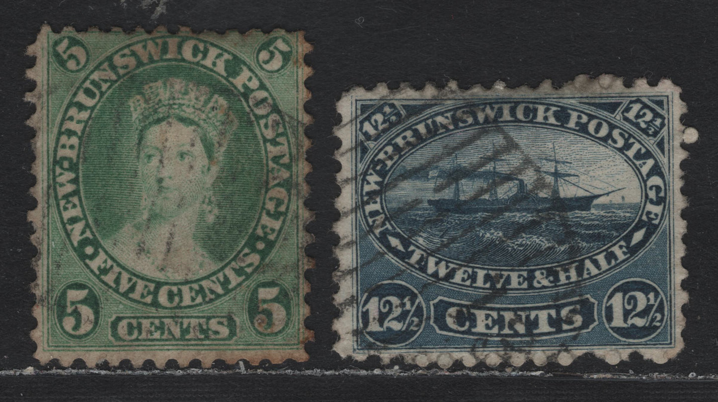 Lot 63 New Brunswick #8, 10 5c - 12.5c Yellow Green - Blue, 1860 Cents Issue, 2 Fine Used Singles, Unchecked As To Exact Paper Type, Perfs 12x11.75 & 11.75, 12.5c Has A #13 Grid Cancel For Fredericton.