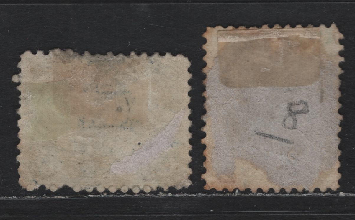 Lot 63 New Brunswick #8, 10 5c - 12.5c Yellow Green - Blue, 1860 Cents Issue, 2 Fine Used Singles, Unchecked As To Exact Paper Type, Perfs 12x11.75 & 11.75, 12.5c Has A #13 Grid Cancel For Fredericton.