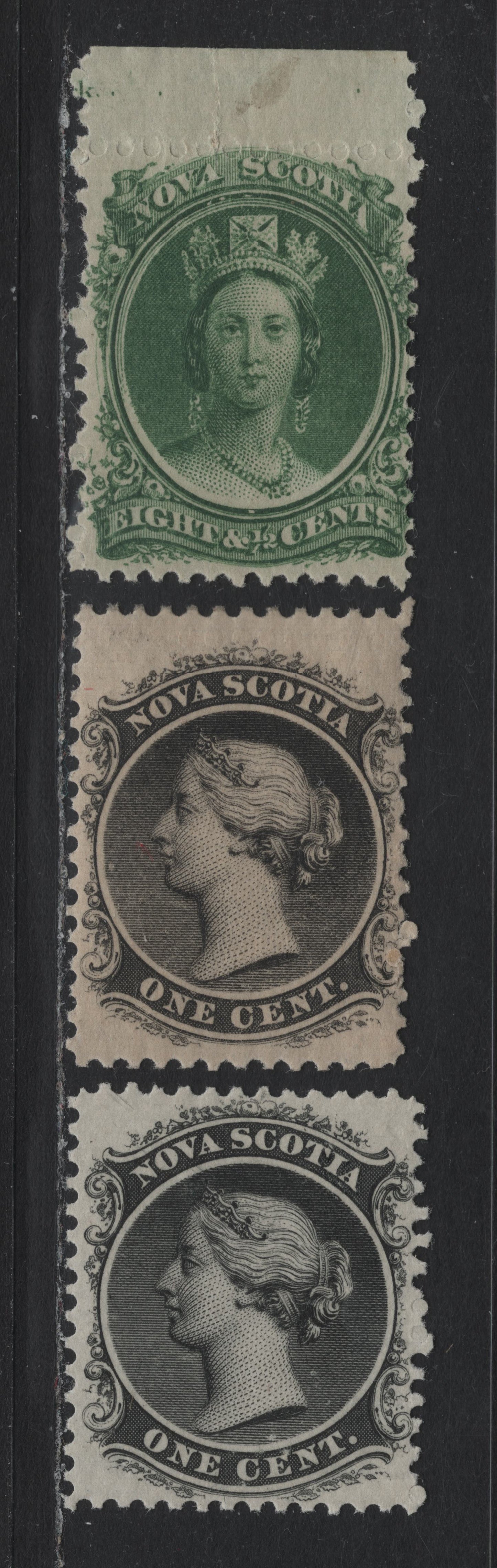 Lot 66 Nova Scotia #8, 8a, 11a 1c - 8.5c Black - Green, 1860-1863 Queen Victoria Issue, 3 FNH/VFOG Singles, Cents-G, Cents-N & Cents-P Papers, Perfs 11.75x11.7, 12.1x11.75 & 12x11.75