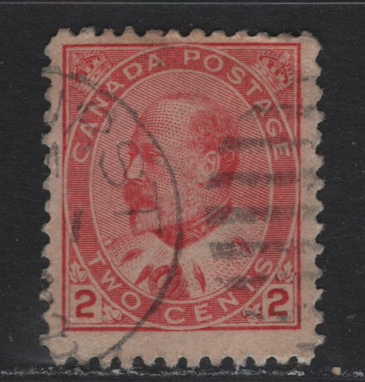 Lot 7 Canada (C) #90ivar 2c Rose Carmine , 1903-1908 King Edward VII Issue, A Very Good Used Single, Unlisted (ABN-AAAAA) Thick Paper, Perf 12.1x11.9, Type 2, Light Diagonal Crease At UR Corner.
