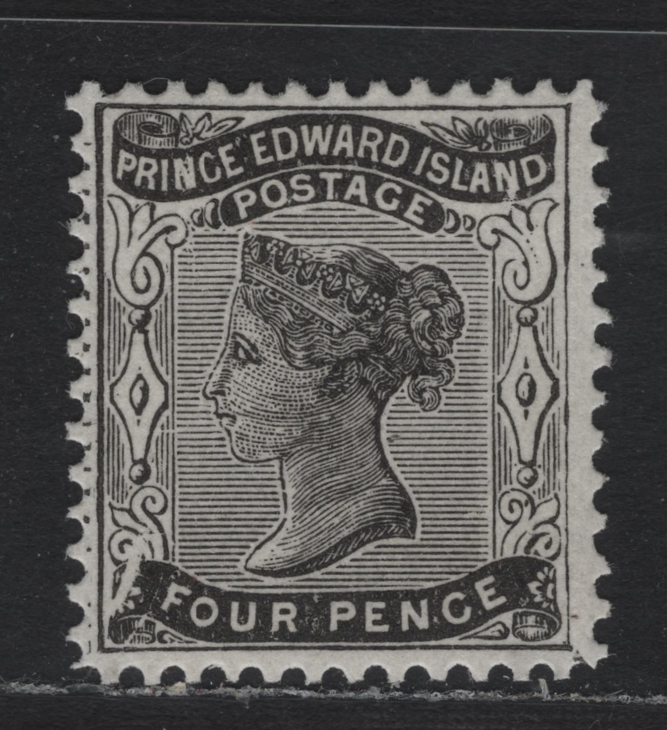 Lot 74 PEI #9var 4d Black, 1868-1870 Queen Victoria Issue, A VFOG Single, Thick White Paper, Perf 11.75, Showing Column Of Black Dots In Left Margin & White Slash In The Corner of Lower Ribbon.
