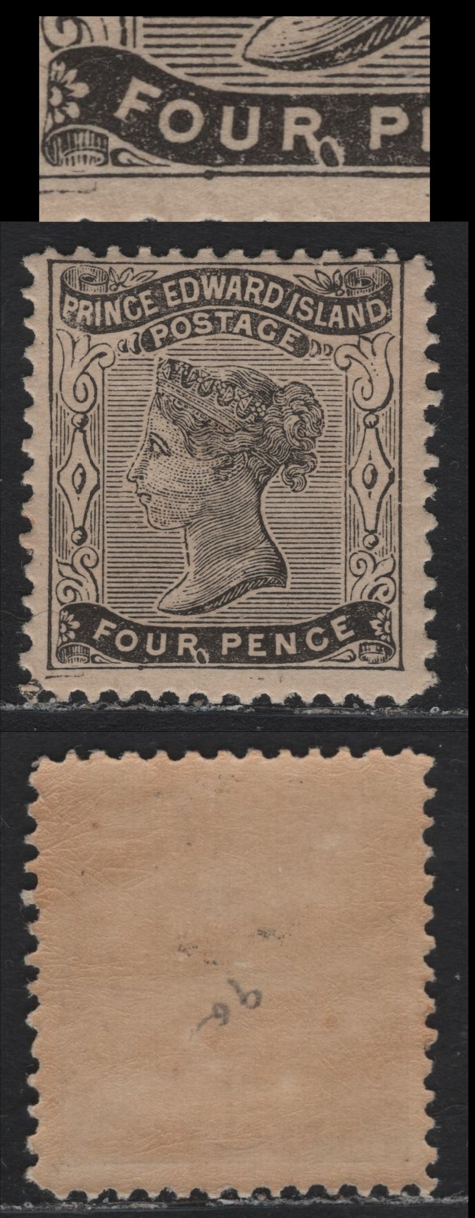 Lot 75 PEI #9a 4d Black, 1868-1870 Queen Victoria Issue, A FNH Single, Yellowish Paper, Perf 11.75, Showing Die Flaw After 'R' of Four.