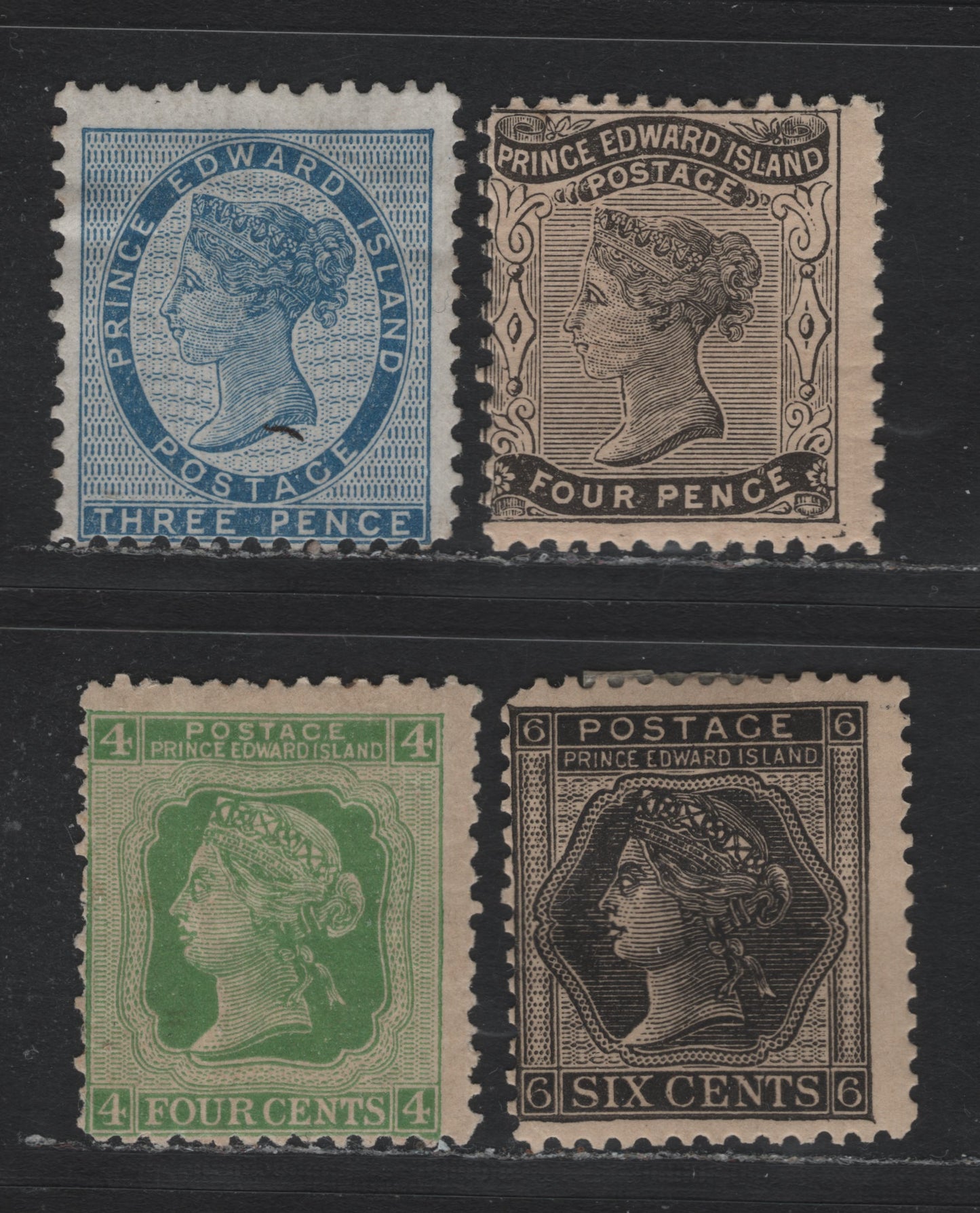 Lot 78 PEI #6, 9a, 14-15 3d - 6c Blue - Black, 1862-1872 Queen Victoria Issues, 4 VGOG/NH & Unused Singles, 3d On White Paper Perf 11.75, 4d On Yellowish, Perf 11.75, 4c Perf 12x12.2 & 6c Perf 12.1.