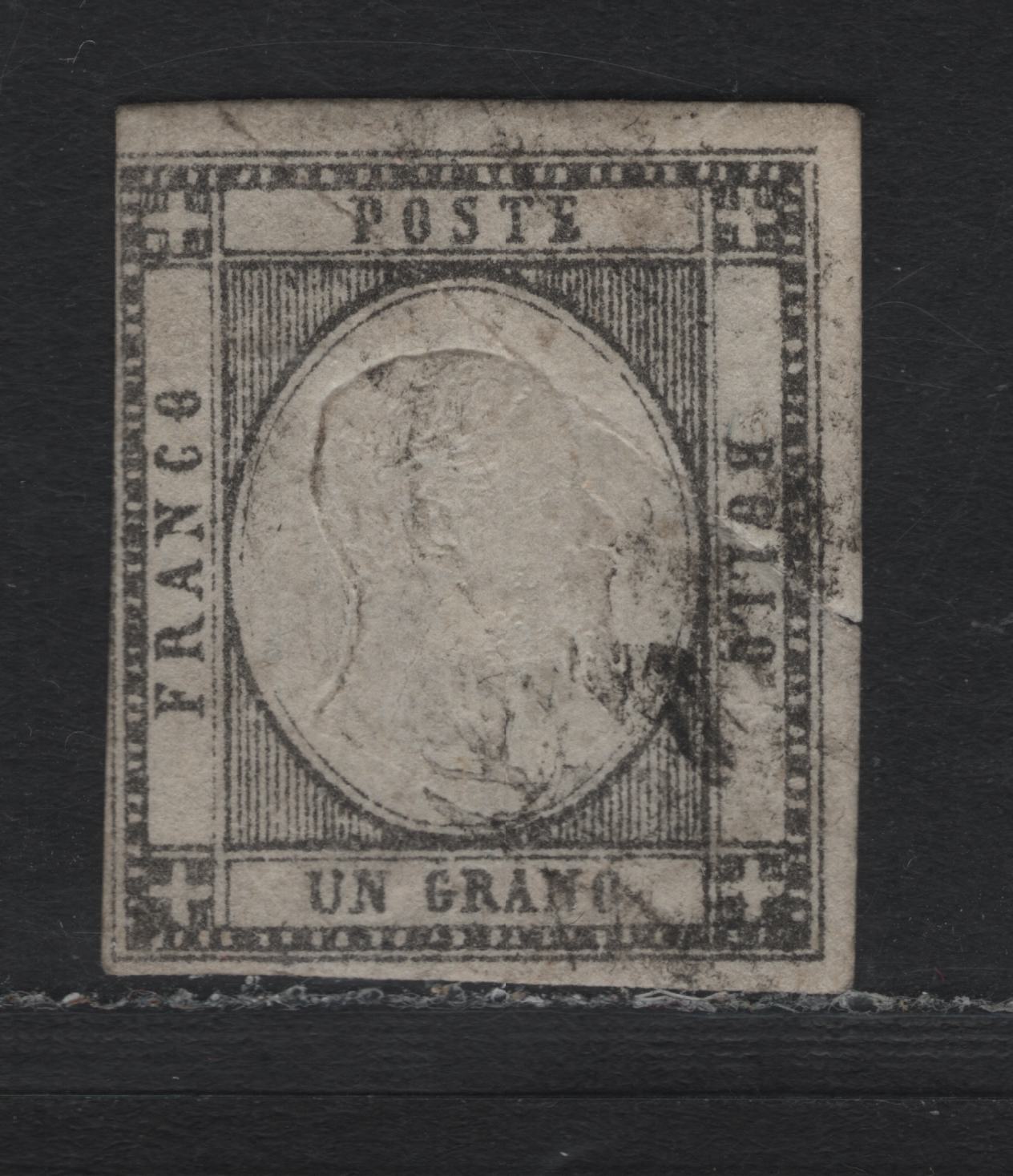 Lot 79 Italy - Neapolitan Provinces (C) SC#21 1g Black, 1861 King Victor Emmanuel II Issue, A Good Used Single, Heavy Crease That Ends In A Tear