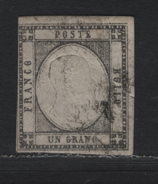Lot 79 Italy - Neapolitan Provinces (C) SC#21 1g Black, 1861 King Victor Emmanuel II Issue, A Good Used Single, Heavy Crease That Ends In A Tear