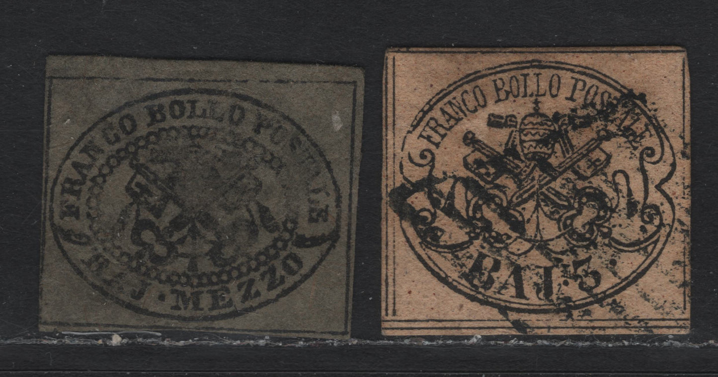Lot 80 Italy - Neapolitan Provinces (C) SC#1c, 4c 1/2b - 3b Black, 1852 Imperf Papal Arms Issue, 2 Fine Used Singles, Full Margins On Both Examples, Showing Doubling Lines Visible On All Sides, Has All The Characteristics Of The Genuine Stamps.