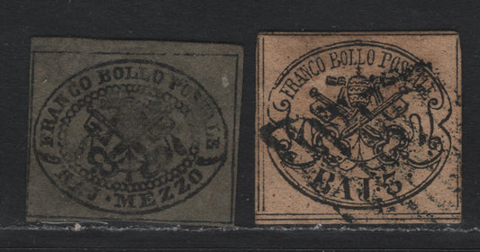 Lot 80 Italy - Neapolitan Provinces (C) SC#1c, 4c 1/2b - 3b Black, 1852 Imperf Papal Arms Issue, 2 Fine Used Singles, Full Margins On Both Examples, Showing Doubling Lines Visible On All Sides, Has All The Characteristics Of The Genuine Stamps.