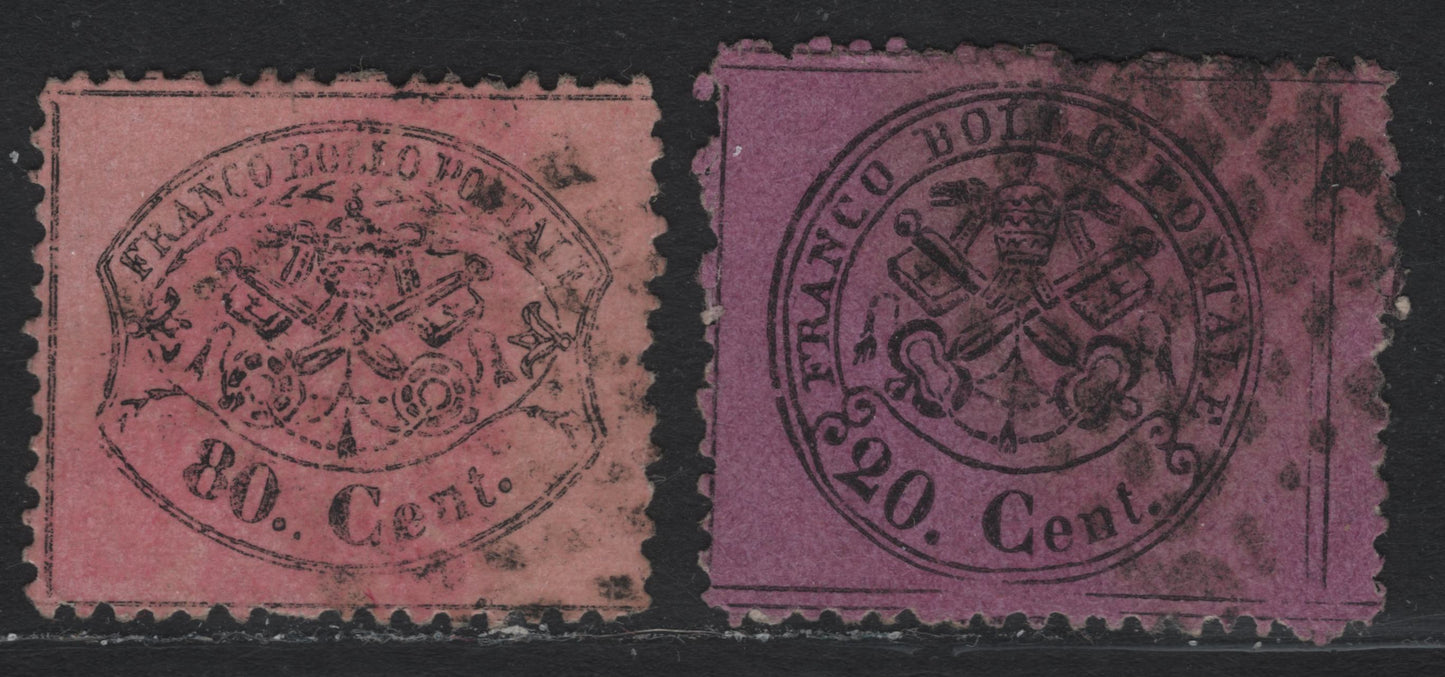 Lot 81 Italy - Roman States (C) SC#23b, 25e 20c - 80c Black on Unglaxed Magenta - Black on Pale Rose, 1868 Papal Arms Issue, 2 Very Good/Very Fine Used Singles, Small Thin On The 20c