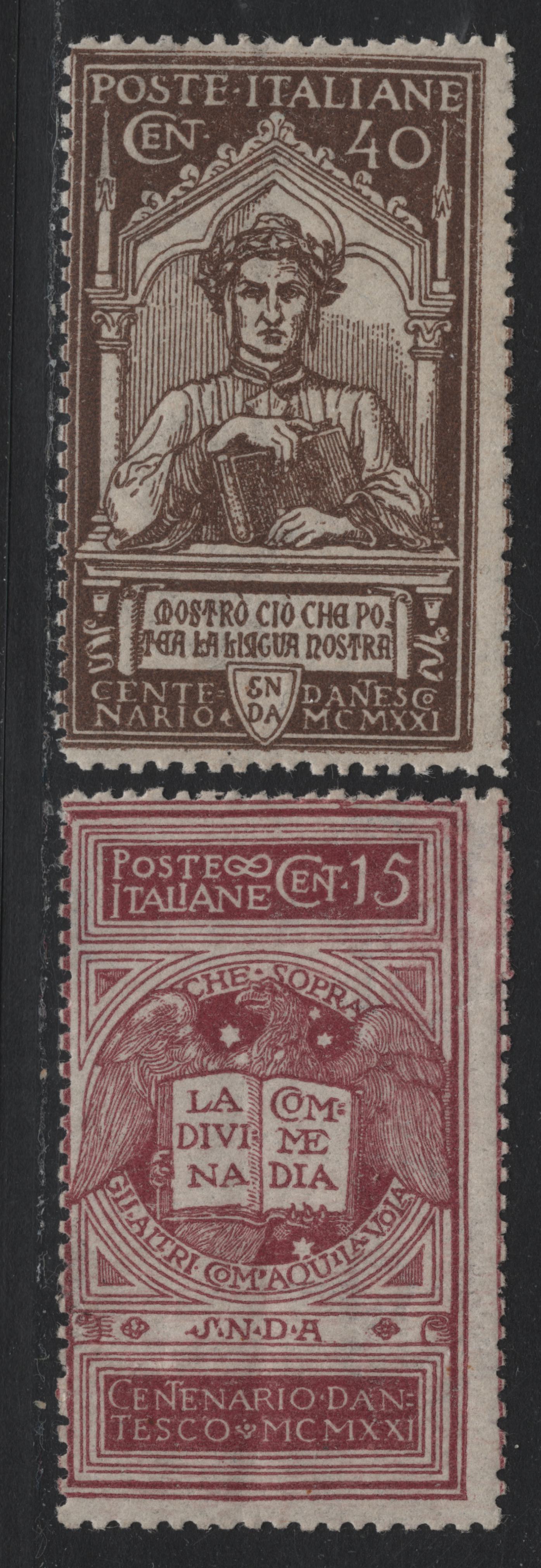 Lot 90 Italy SC#133, 135 15c - 40c Violet Brown - Brown, 1921 Dante Alighieri Issue, 2 G/VGOG Singles, Small Corner Crease At UR