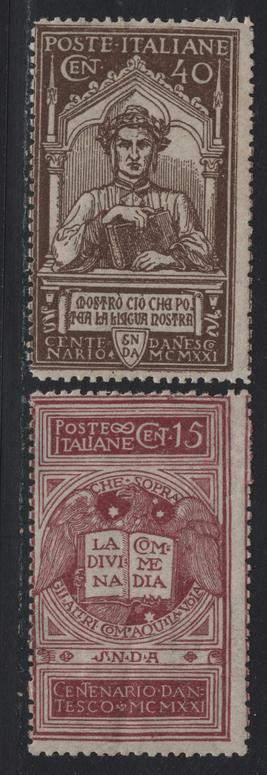 Lot 90 Italy SC#133, 135 15c - 40c Violet Brown - Brown, 1921 Dante Alighieri Issue, 2 G/VGOG Singles, Small Corner Crease At UR
