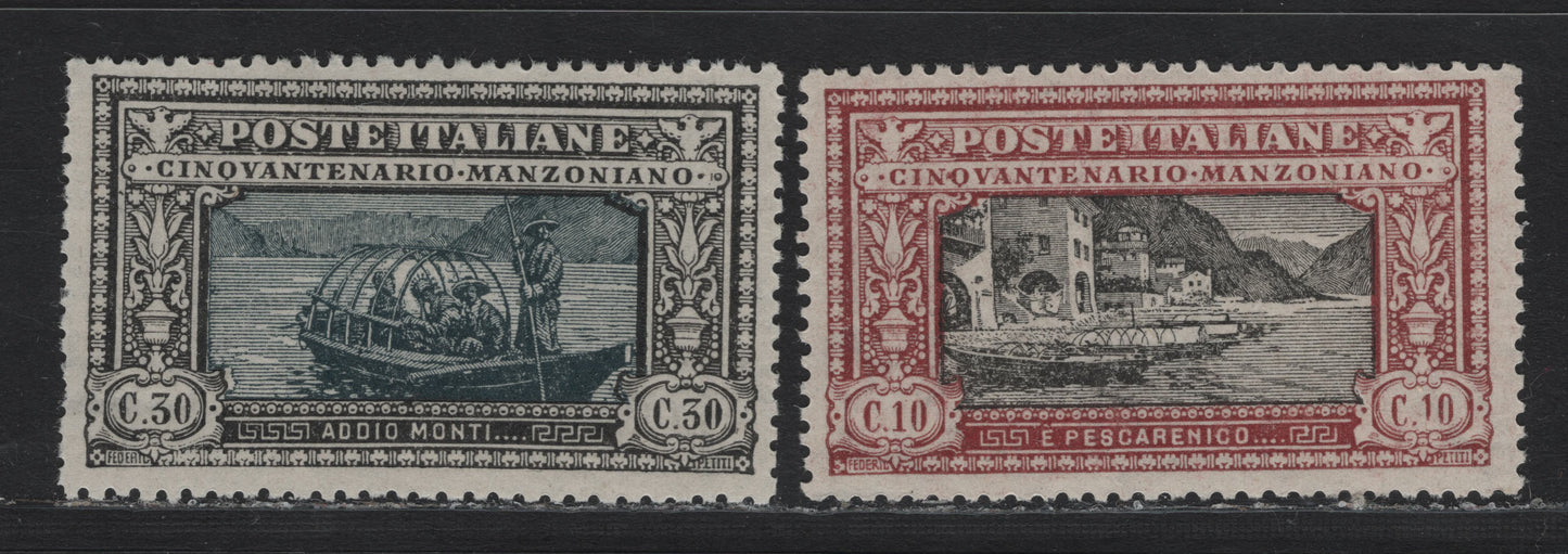 Lot 97 Italy SC#165, 167 10c - 30c Brown Red - Black & Slate, 1923 Manzoni Issue, 2 F/VFOG Singles, Scarce VF Centered Mint Examples, A Couple of Short Perfs On The 30c