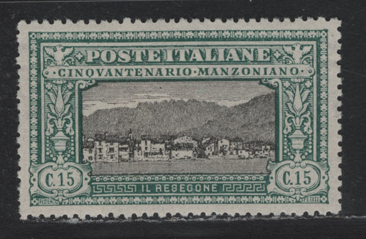 Lot 97A Italy SC#166 (Sassone #152a) 15c Blue Green & Black, 1923 Manzoni Issue, A FOG Single, Inverted Wmk, Well Centered Example, But Several Short Perfs Along The Left Side.