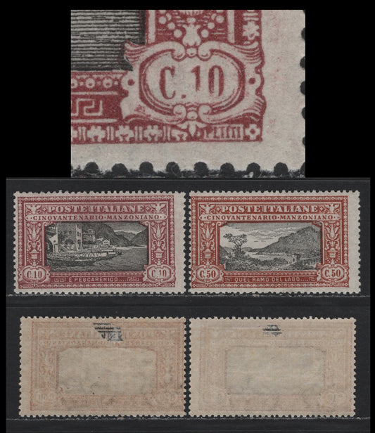 Lot 98 Italy SC#165, 168 10c - 50c Brown Red & Black - Orange Brown & Black, 1923 Manzoni Issue, 2 FOG Singles, 10c Showing Short 1 At Right Value Tablet