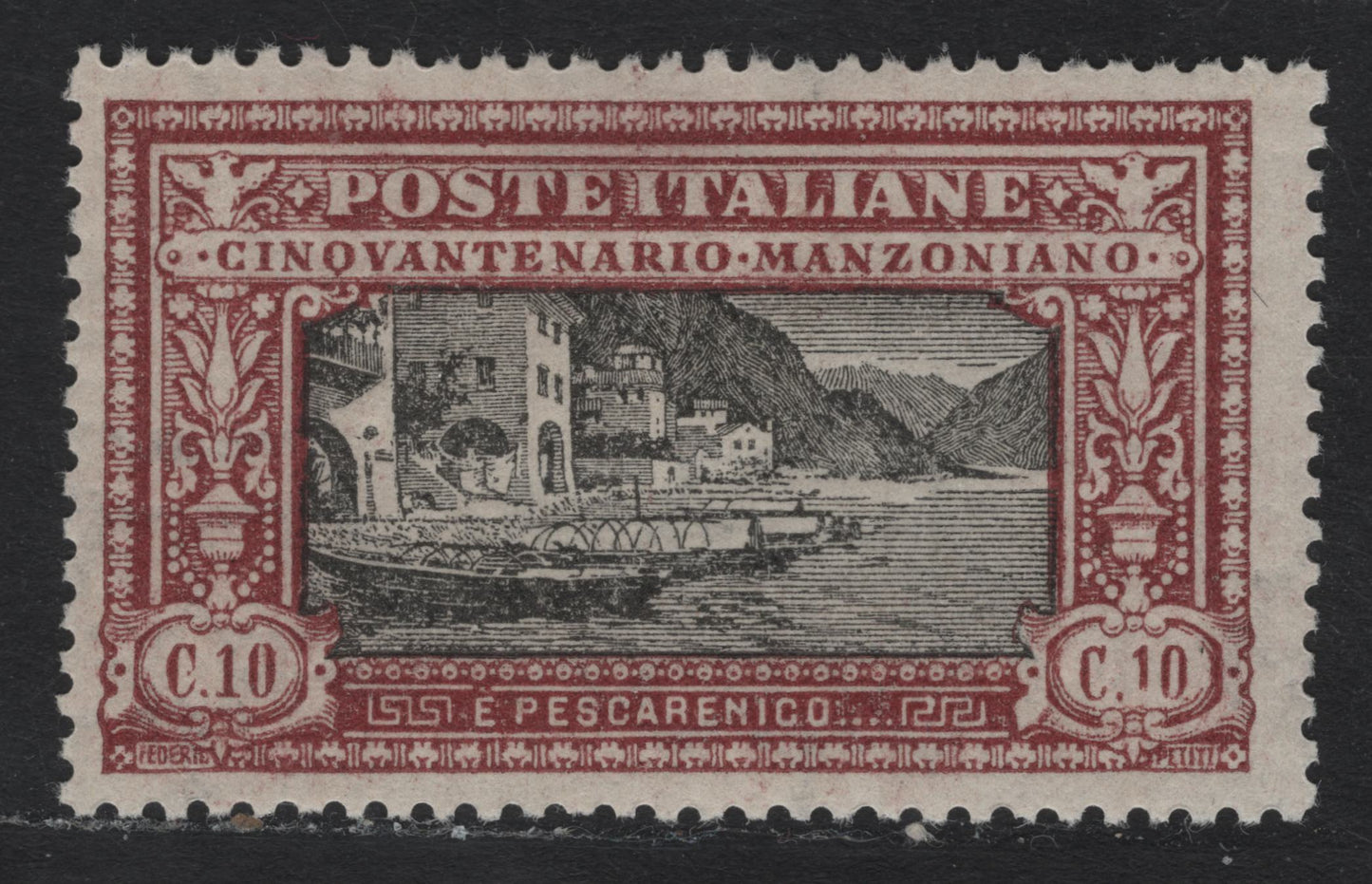 Lot 99 Italy SC#165var (151a) 10c Brown Red & Black, 1923 Manzoni Issue, A FOG Single, Inverted Wmk