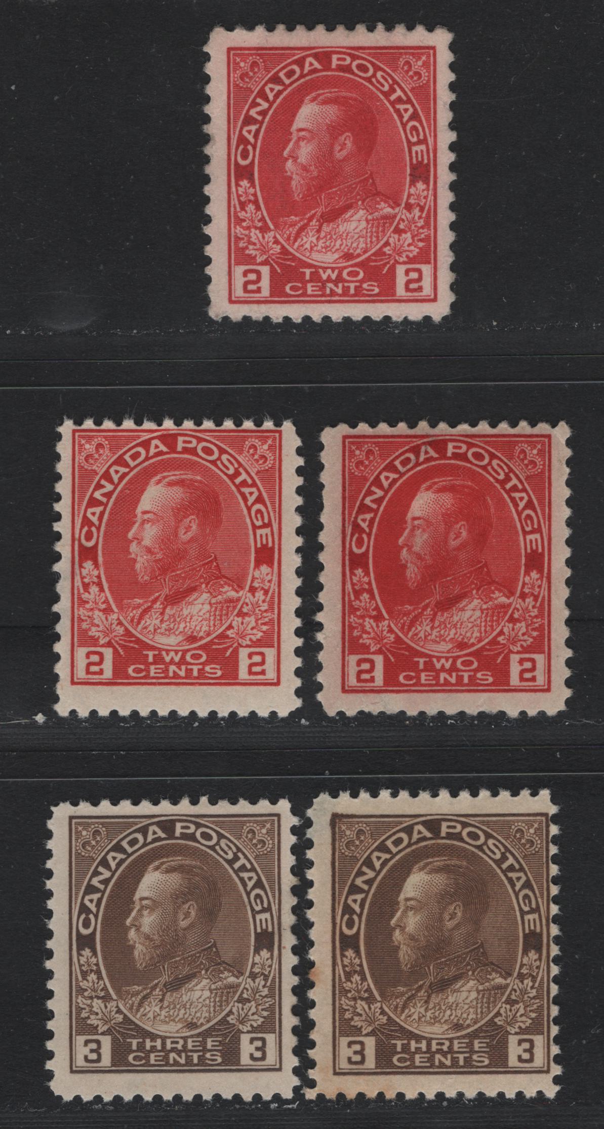 Lot 11 Canada #106,ii, 108, 108z 2c - 3c Deep Bright Carmine Red - Brown , 1911-1925 KGV Admiral Issue, 5 VG/FOG Singles, Wet & Dry Printings (3c Brown), All With Small Faults (Creases or Thins)