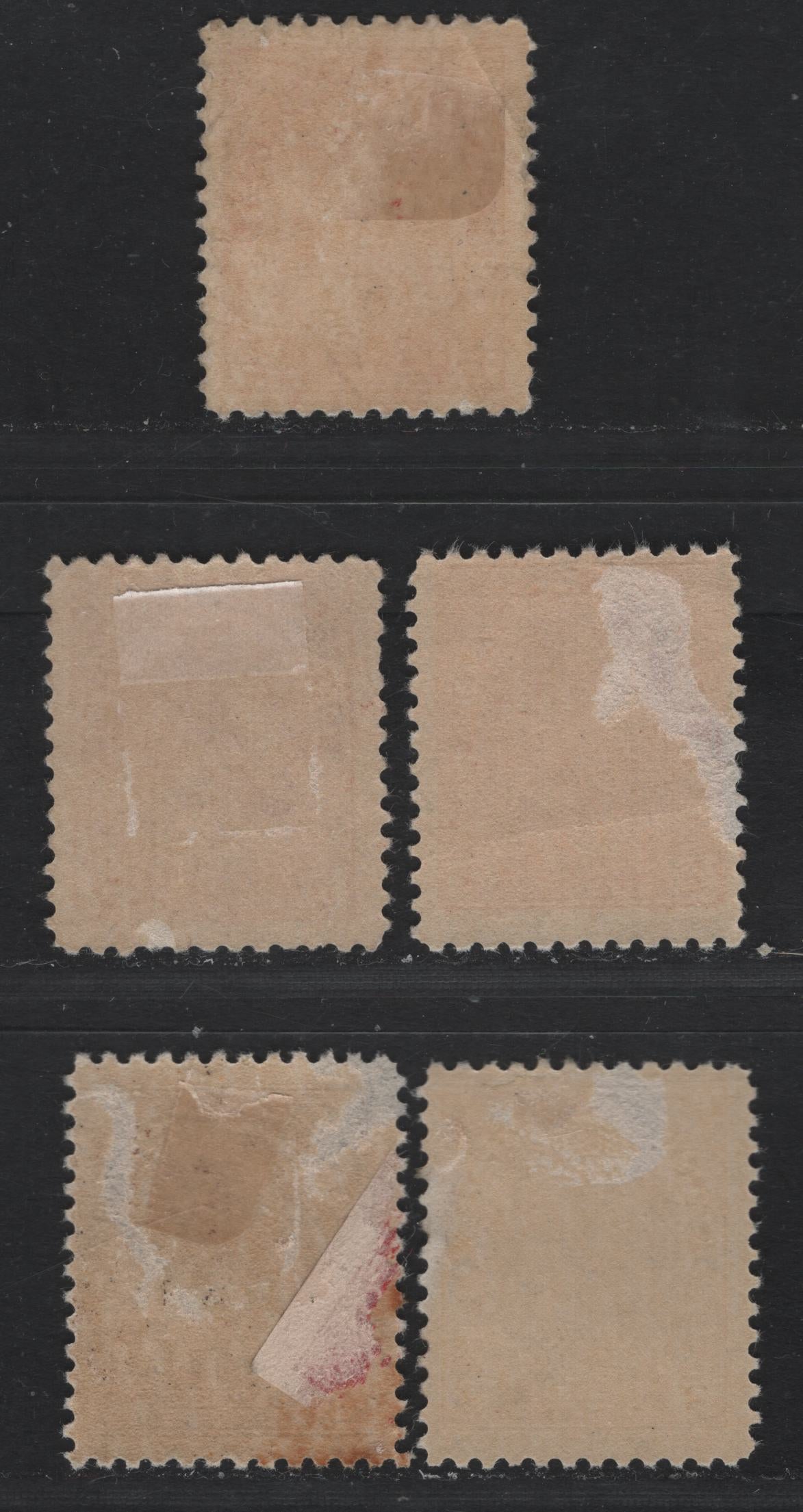 Lot 11 Canada #106,ii, 108, 108z 2c - 3c Deep Bright Carmine Red - Brown , 1911-1925 KGV Admiral Issue, 5 VG/FOG Singles, Wet & Dry Printings (3c Brown), All With Small Faults (Creases or Thins)