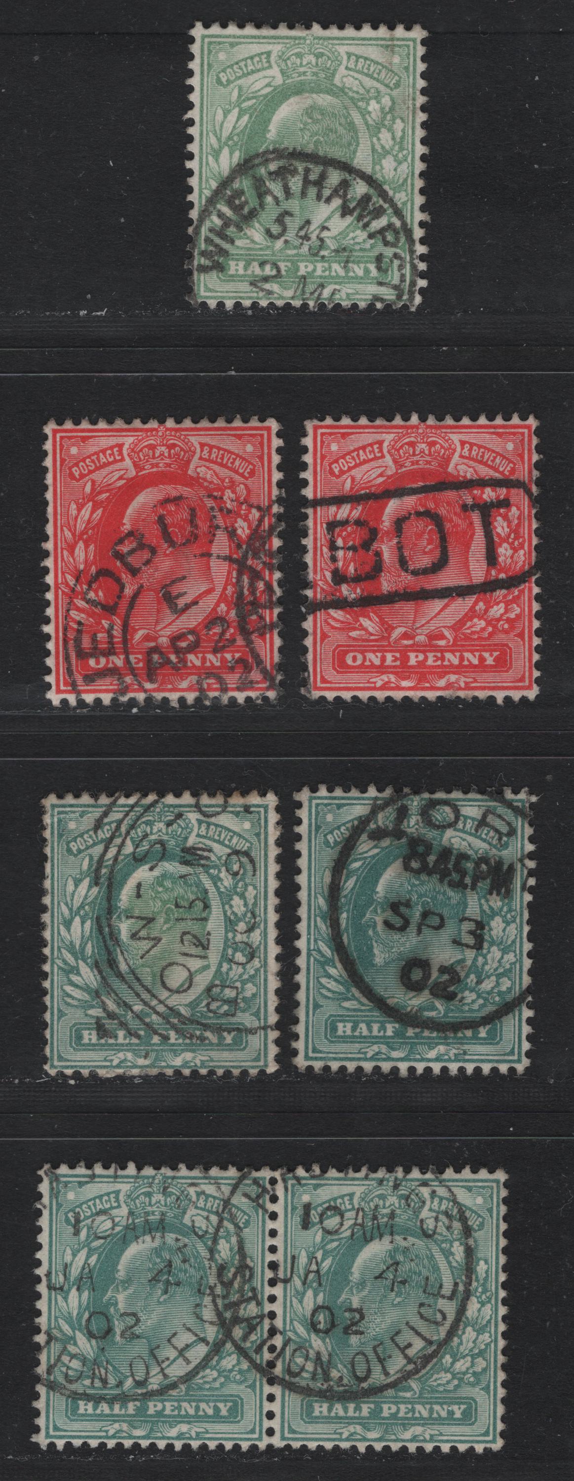 Lot 125 Great Britain (C) SG#215-217, 219 1/2d - 1d Dull Blue Green - Scarlet, 1902-1910 King Edward VII Issue, 6 Very Fine Used Singles & Pair, De La Rue Printing, Used Examples With Readable Town Cancels