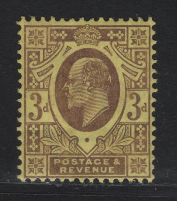 Lot 129 Great Britain SG#233 3d Dull Reddish Purple, 1902-1910 King Edward VII Issue, A VGOG Single, De La Rue Printing, Chalk Surfaced Paper, Horizontal Crease About 1/3 Of The Way Up The Stamp.