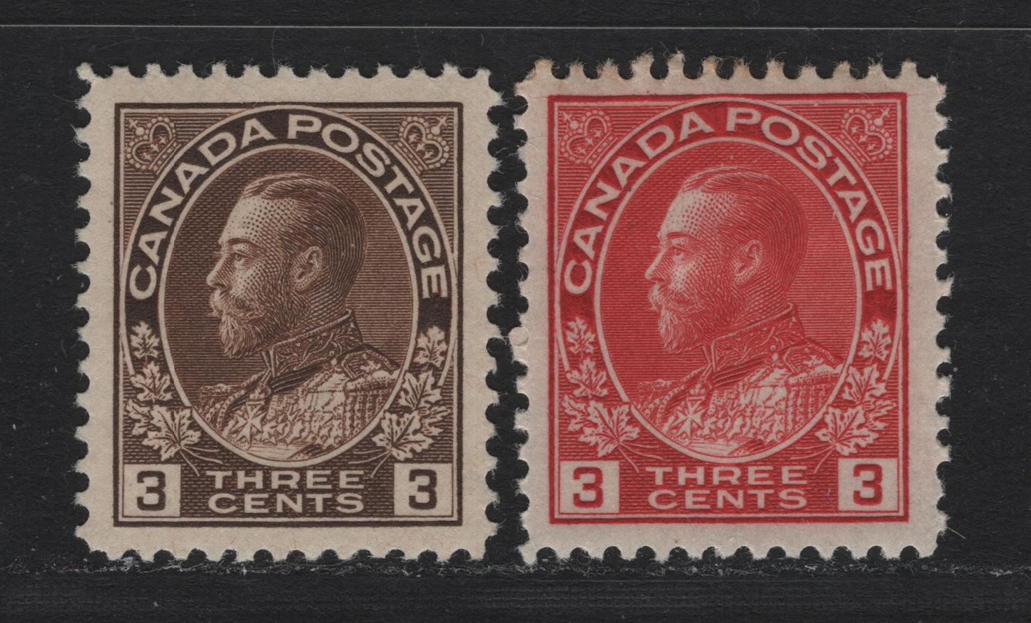 Lot 13 Canada #108-109 3c Brown - Carmine Red , 1911-1925 KGV Admiral Issue, 2 VFOG Singles, Wet (Brown) & Dry (Carmine Red) Die 1 Printings, ABN-B & ABN-I Papers, Perfs 11.9x12 & 11.9, Retouched (Brown) & Redrawn Framelines.