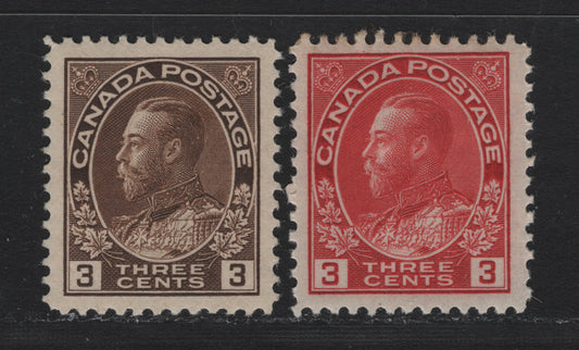 Lot 13 Canada #108-109 3c Brown - Carmine Red , 1911-1925 KGV Admiral Issue, 2 VFOG Singles, Wet (Brown) & Dry (Carmine Red) Die 1 Printings, ABN-B & ABN-I Papers, Perfs 11.9x12 & 11.9, Retouched (Brown) & Redrawn Framelines.