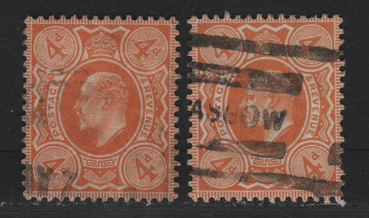 Lot 132 Great Britain SG#240 4d Pale Orange, 1902-1910 King Edward VII Issue, A Very Fine Used Single, De La Rue Printing, Two Similar, But Slightly Different Shades.