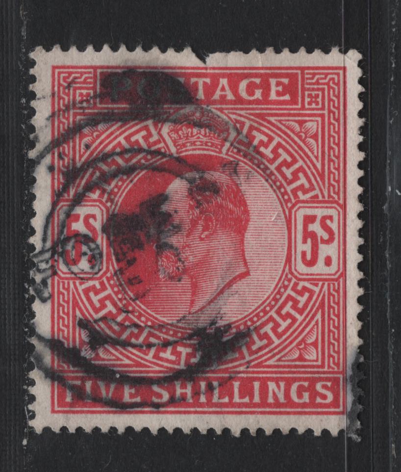 Lot 150A Great Britain SG#318 5/- Carmine, 1911-1913 King Edward VII Issue, A Good Used Single, Somerset House Printing, Damaged At Top - Pulled Perf & Corner Crease, Useful Reference, Example of This Difficult To Identify Printing.