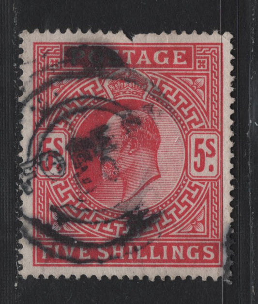Lot 150A Great Britain SG#318 5/- Carmine, 1911-1913 King Edward VII Issue, A Good Used Single, Somerset House Printing, Damaged At Top - Pulled Perf & Corner Crease, Useful Reference, Example of This Difficult To Identify Printing.