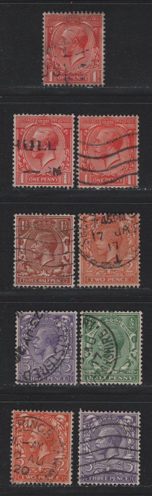 Lot 152 Great Britain (C) SG#351, 357-358, 364, 367-368, 375-376 1/2d - 3d Green - Bluish Violet, 1913-1924 KGV Profile Heads Issue, 9 Very Fine Used Singles, Royal Cypher Wmk