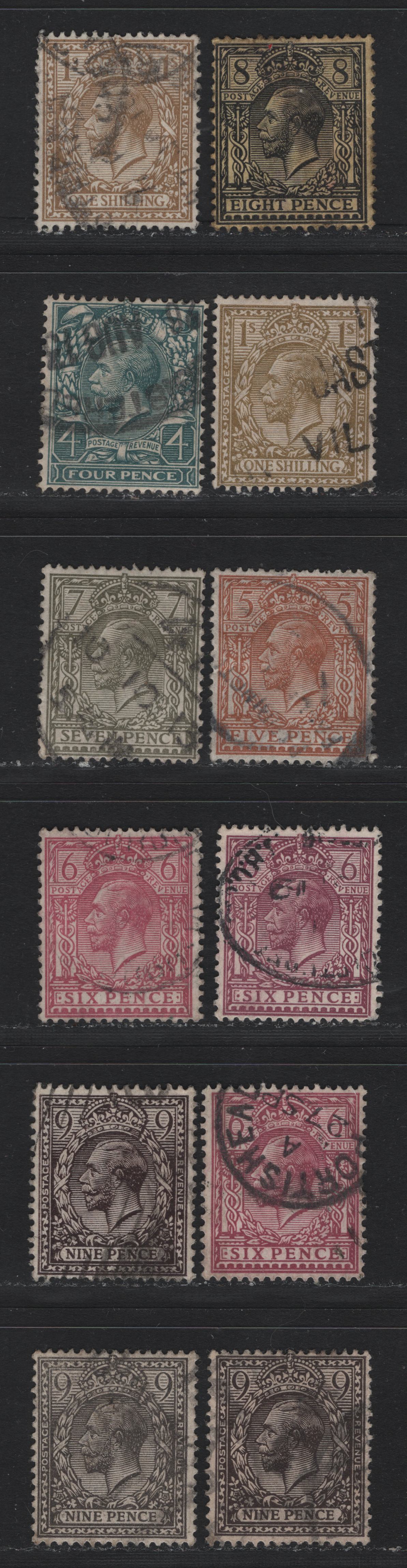 Lot 157 Great Britain (C) SG#379, 381, 385, 387, 390, 392-393, 395-396 4d - 1/- Gray Green - Bistre & Bistre Brown, 1913-1924 KGV Profile Heads Issue, 12 Fine Used Singles