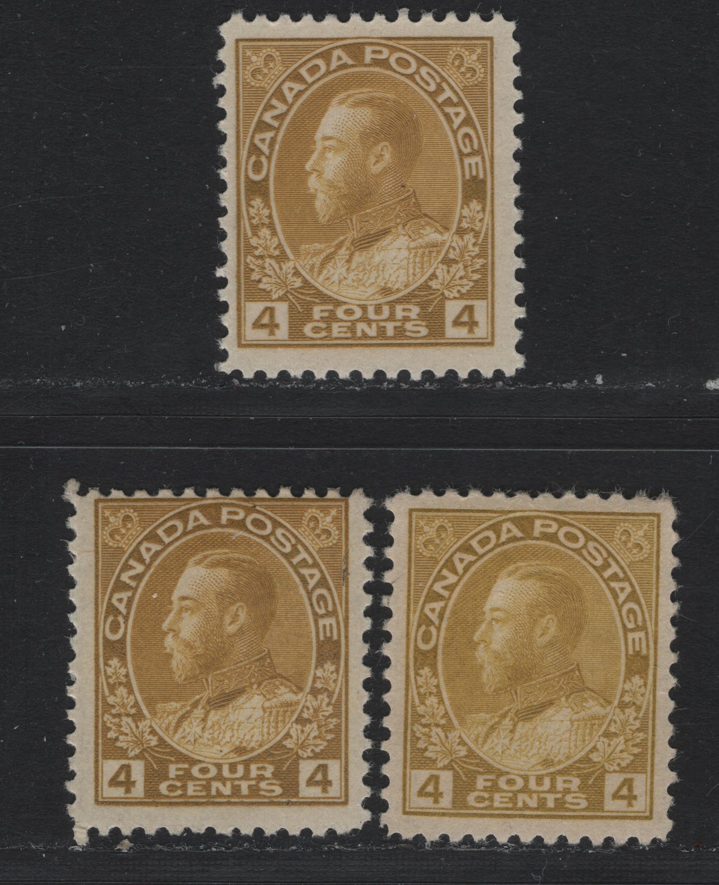 Lot 16 Canada #110,b,d 4c Olive Bistre - Olive Yellow , 1911-1925 KGV Admiral Issue, 3 F/VFOG Singles, Dry Printings, ABN-E & ABN-M Papers, Perfs 11.9 & 12x11.9.