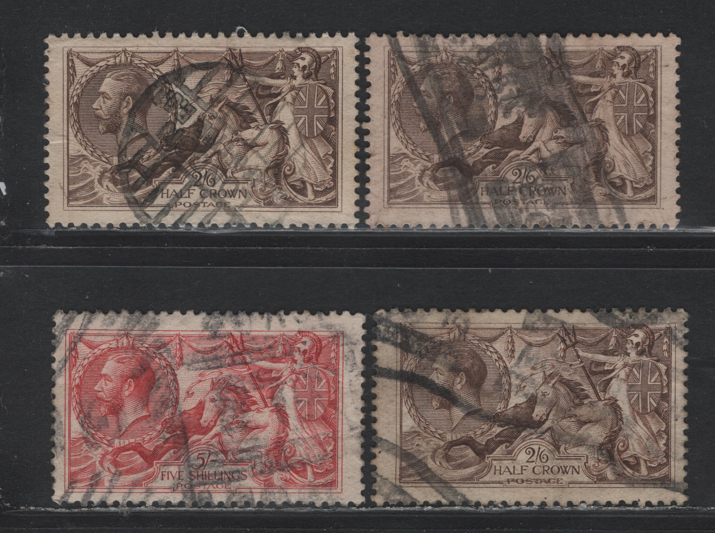 Lot 162 Great Britain (C) SG#413-414, 416 2/6d - 5/- Olive Brown - Rose Red, 1918-1919 Seahorses Issue, 4 Very Good/Fine Used Singles, Bradbury Wilkinson Printings, One 2/6 Has A Diagonal Crease & 5/- Has An Internal Crease