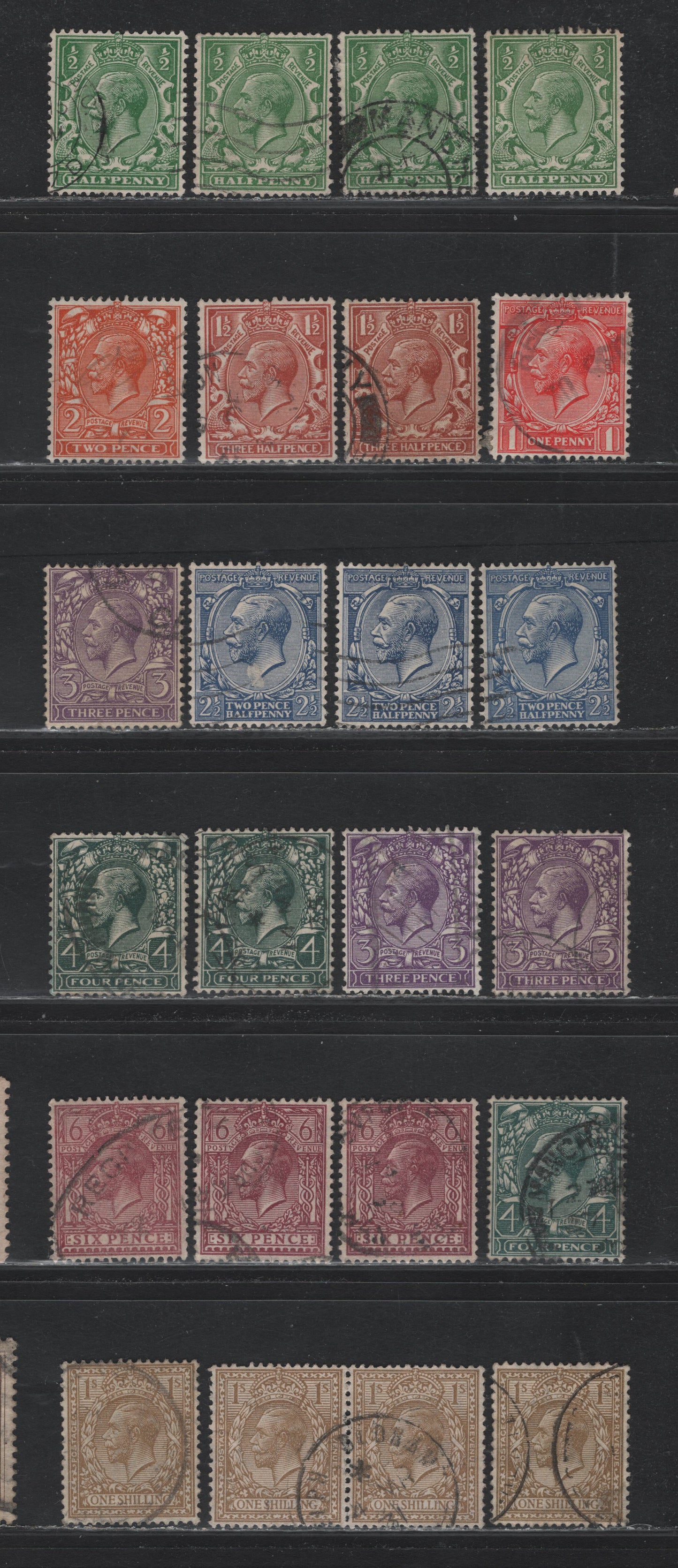Lot 163 Great Britain (C) SG#418-424, 426a, 429 1/2d - 1/- Green - Bistre Brown, 1924-1926 KGV Profile Heads Issue, 22 Very Fine Used Singles, Block Cypher Wmk, Many Unlisted Shades