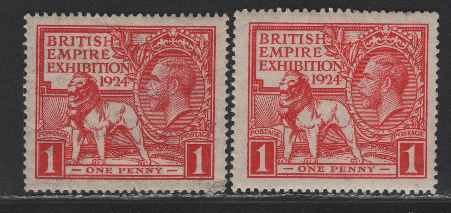 Lot 167 Great Britain SG#430 1d Scarlet, 1924-1925 Wembly Exhibition Issue, 2 F/VFOG Singles, Comb & Line Perf Singles