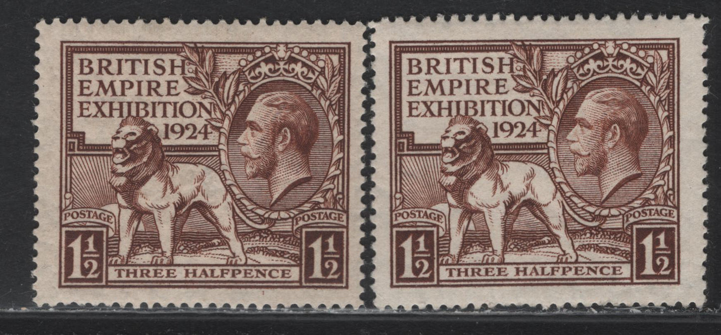 Lot 168 Great Britain (C) SG#431 1.5d Brown, 1924-1925 Wembly Exhibition Issue, 2 F/VFOG Singles, Comb & Line Perf Singles