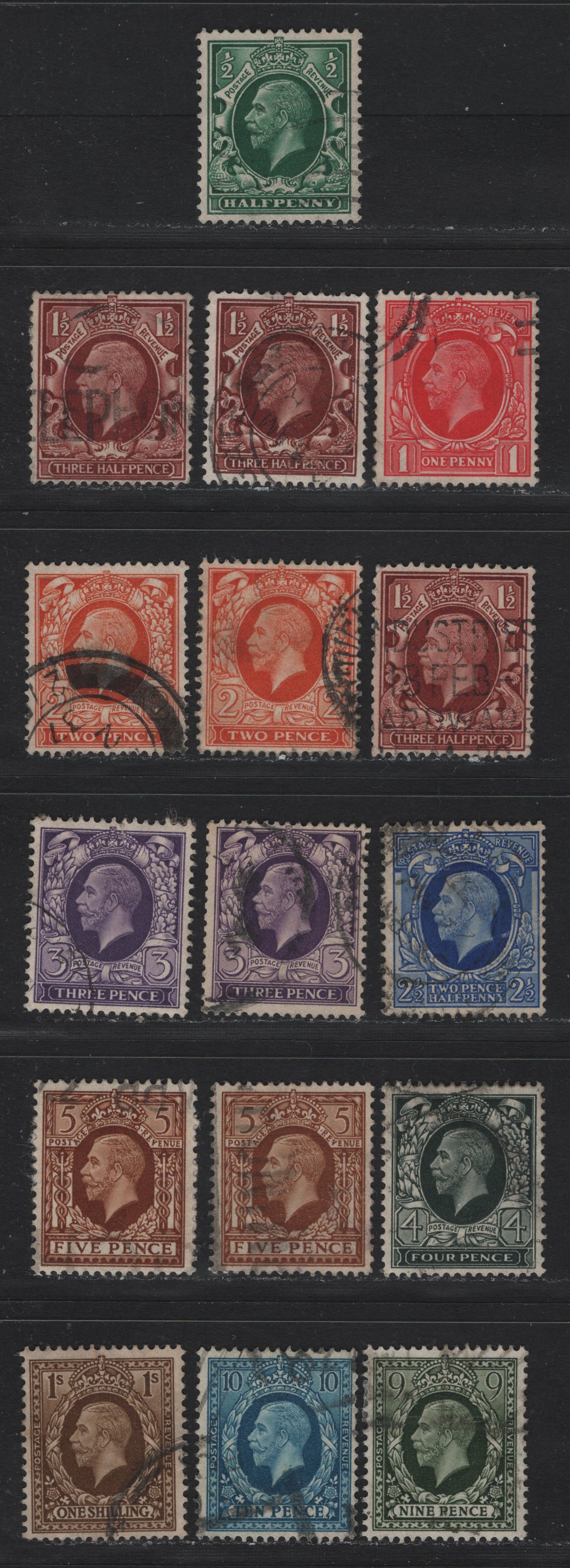 Lot 178 Great Britain (C) SG#439-449 1/2d - 1/- Green - Bistre Brown, 1934-1936 KGV Photogravure Issue, 16 Very Fine Used Singles, Includes Medium & Large Format 1.5d, Medium Format 1/2d & 2d As Well As Two Shades of 3d