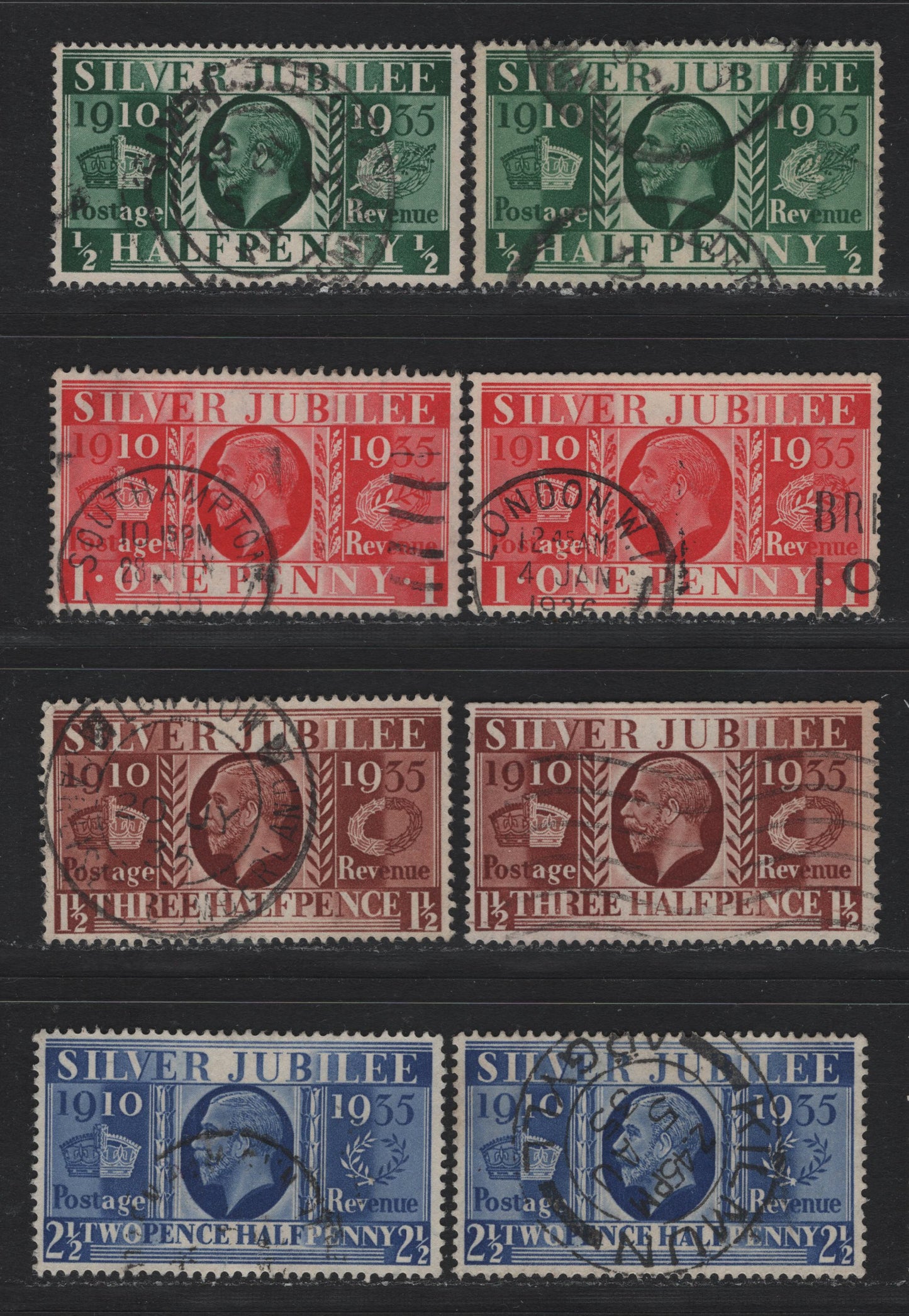 Lot 183 Great Britain (C) SG#453-455wi, 456 1/2d - 2.5d Green - Blue, 1935 Silver Jubilee Issue, 8 Very Fine Used Singles, Full Used Set With Additional Shade Variations Of 1/2d, 1d & 2.5d & Booklet Single Of 1.5d With Inverted Wmk