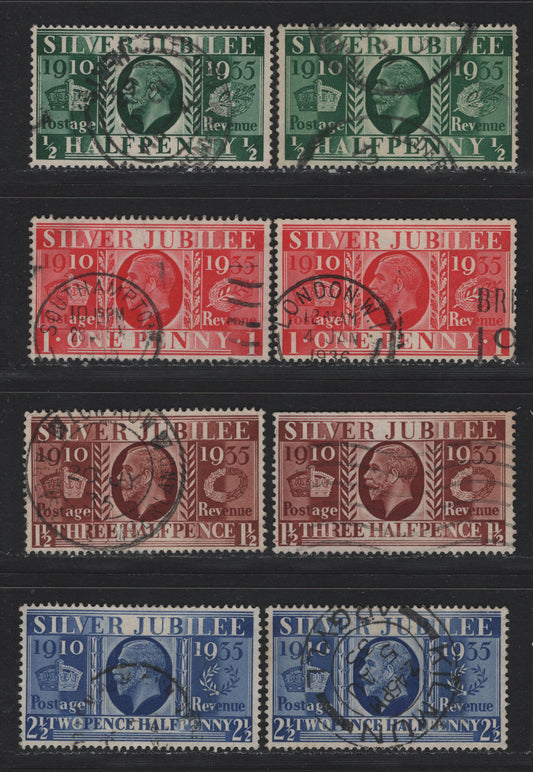 Lot 183 Great Britain (C) SG#453-455wi, 456 1/2d - 2.5d Green - Blue, 1935 Silver Jubilee Issue, 8 Very Fine Used Singles, Full Used Set With Additional Shade Variations Of 1/2d, 1d & 2.5d & Booklet Single Of 1.5d With Inverted Wmk