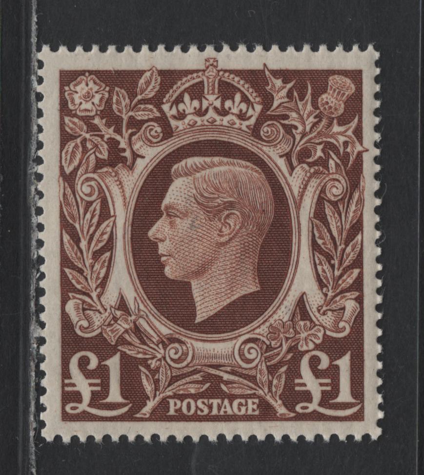 Lot 189 Great Britain SG#478c £1 Brown , 1938-1948 KGVI Arms Issue, A VFNH Single