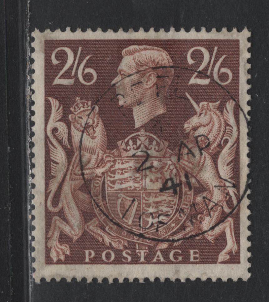 Lot 190 Great Britain SG#476 2/6 Brown , 1938-1948 KGVI Arms Issue, A Very Fine Used Single, SON April 2 1841 Peel, Isle of Man Cancel