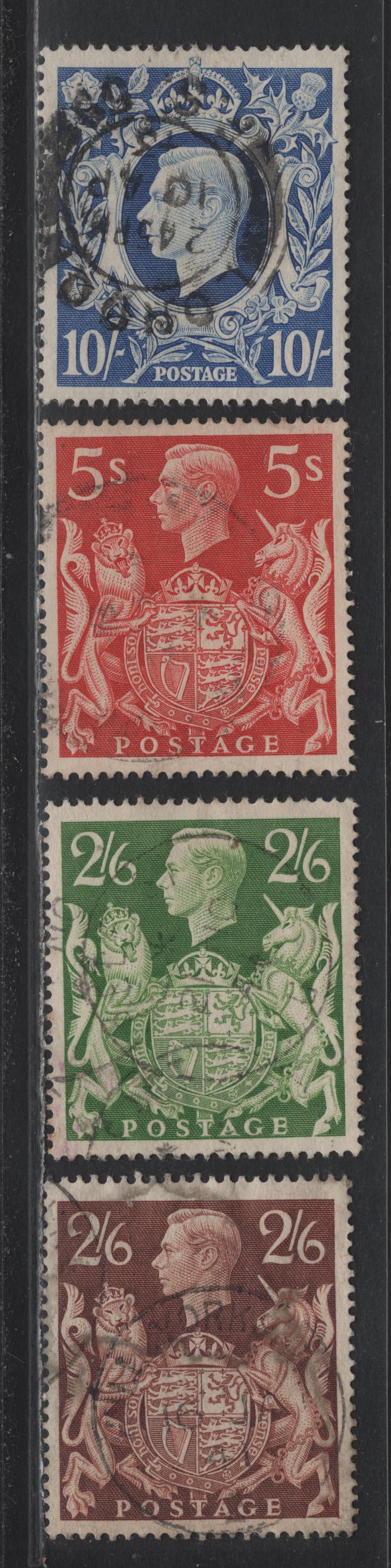 Lot 192 Great Britain SG#476, 476b, 477, 478b 2/6d - 10/- Brown - Ultramarine , 1938-1948 KGVI Arms Issue, 4 Very Fine Used Singles