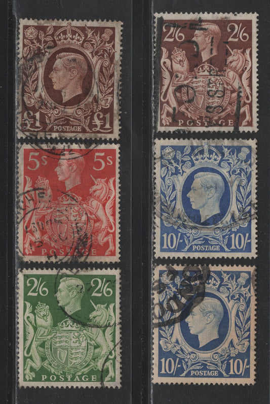 Lot 194 Great Britain SG#476,b, 477, 478b,c 2/6d - £1 Brown , 1938-1948 KGVI Arms Issue, 6 Fine/Very Fine Used Singles, Includes 2 Shades Of Ultramarine