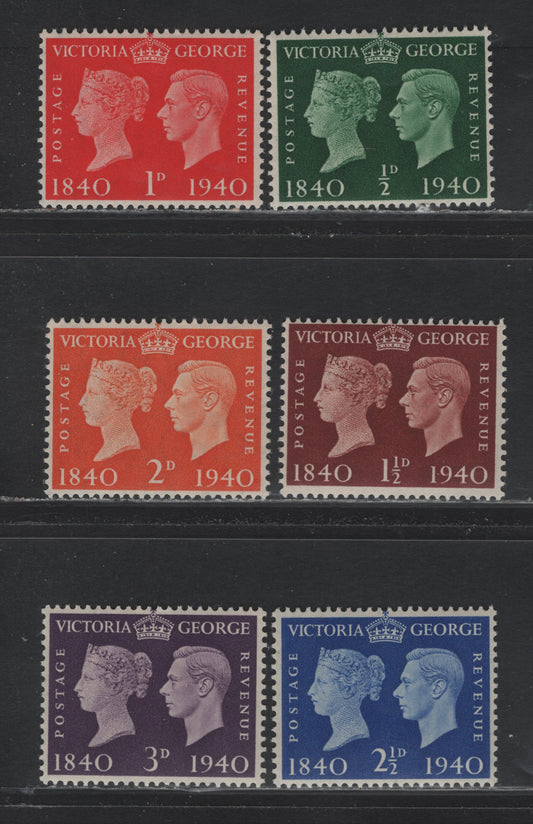 Lot 45 Great Britain SG#479-484 1/2d - 3d Green - Violet , 1940 Postage Stamp Centenary Issue, 6 F/VFOG Singles