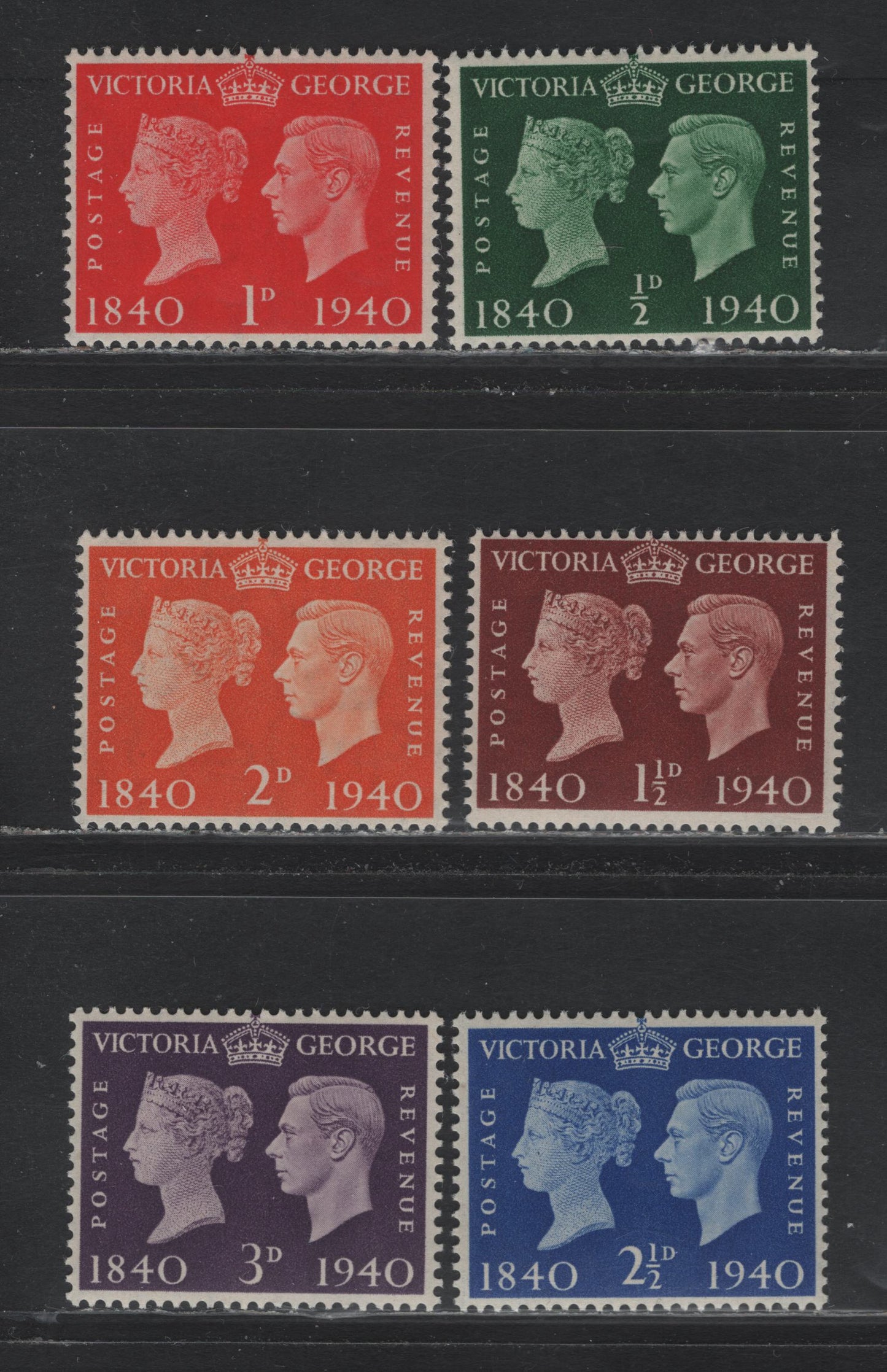 Lot 195 Great Britain SG#479-484 1/2d - 3d Green - Violet , 1940 Postage Stamp Centenary Issue, 6 F/VFOG Singles