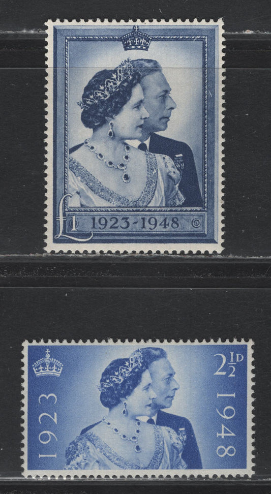 Lot 197 Great Britain SG#493-494 2.5d - £1 Ultramarine - Chalky Blue , 1948 Silver Wedding Issue, 2 F/VFNH Singles