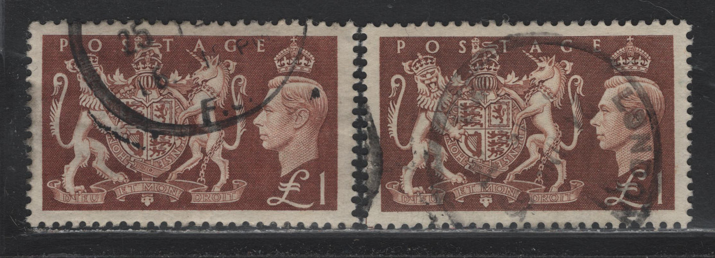 Lot 203 Great Britain SG#512 £1 Red Brown & Brown , 1951 Festival High Value Definitives, 2 Fine/Very Fine Used Singles