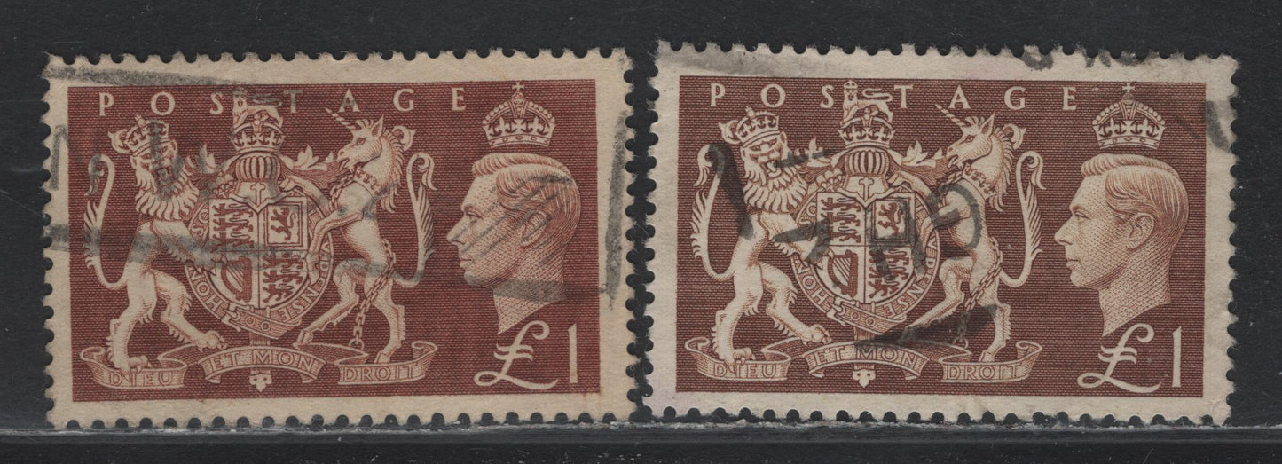 Lot 204 Great Britain (C) SG#512 Brown & Red Brown , 1951 Festival High Value Definitives, 2 Fine/Very Fine Used Singles, Minor Wrinkles On Red Brown Shade Stamp