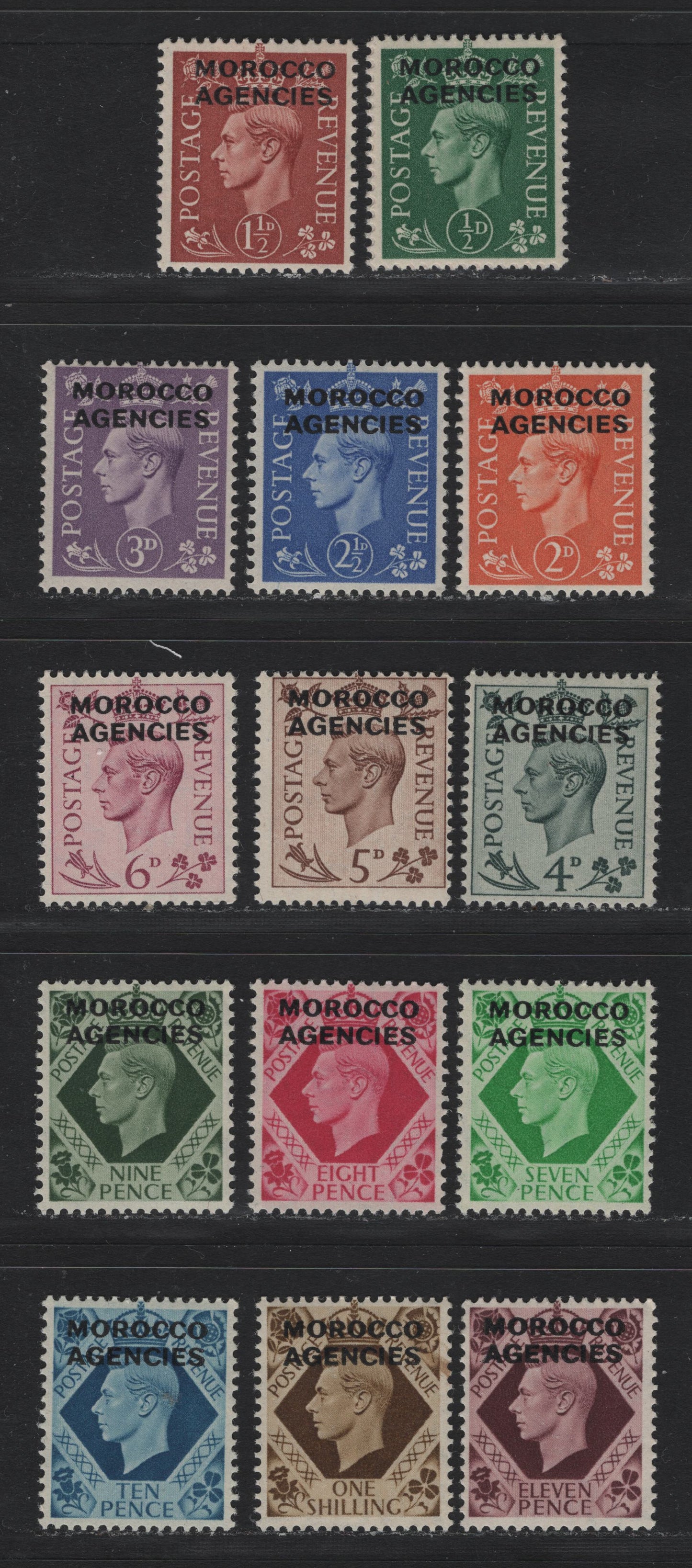 Lot 208 Morocco Agencies - British Currency SG#77, 79-81 1/2d - 1/- Pale Green - Bistre Brown , 1949 KGVI Issue, 14 F/VFNH Singles, Mostly VF, Missing Only The 1d
