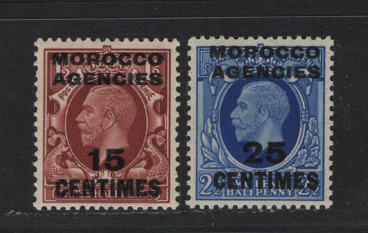 Lot 210 Morocco Agencies - French Currency SG#218-219 15c on 1.5d - 25c on 2.5c Red Brown - Ultramarine , 1935-1937 KGV Photogravure Issue, 2 VFNH Singles