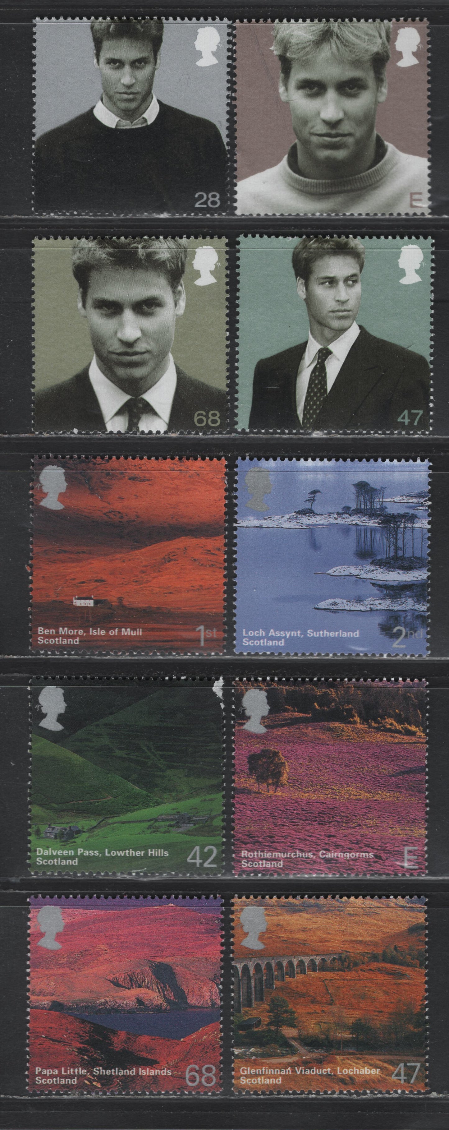 Lot 214 Great Britain SG#2137-2146 28p - 68p Silver - Multicolored , 2003 Prince William 21st Birthday - Scotish Scenery Issues, 10 VFNH Singles