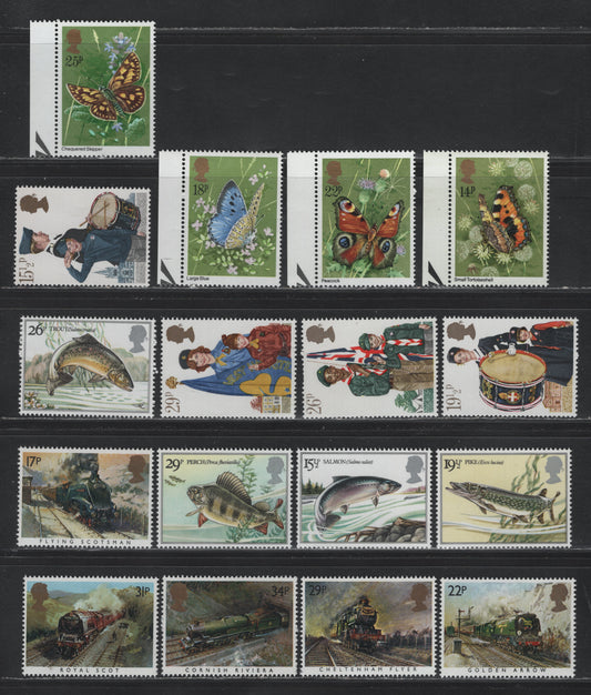 Lot 48 Great Britain SG#941-944, 983-986, 1011-1014, 1093-1097 14p - 34p Multicolored , 1981-1985 Butterflies - Trains Issues, 17 VFNH Singles